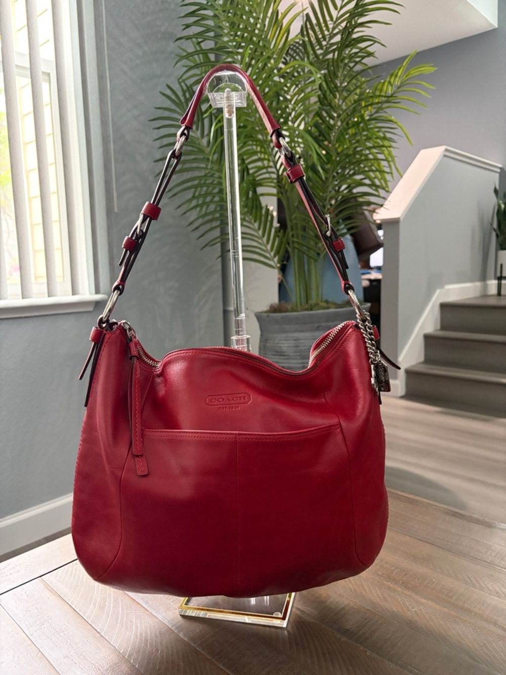 Coach Red Leather Hobo with Chain-Accent Strap